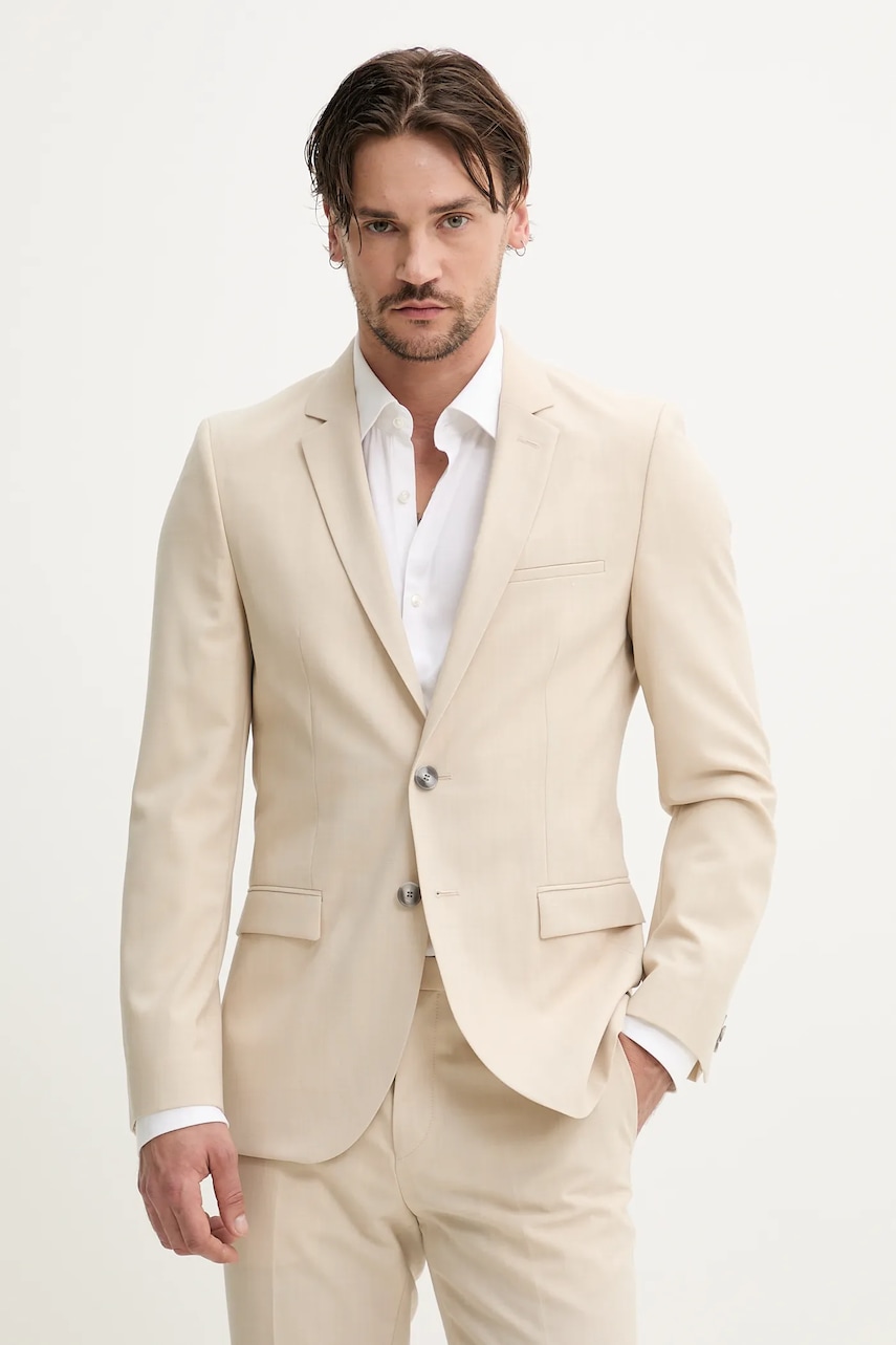 Μάλλινο σακάκι HUGO ανδρικό, χρώμα: μπεζ, 50540280