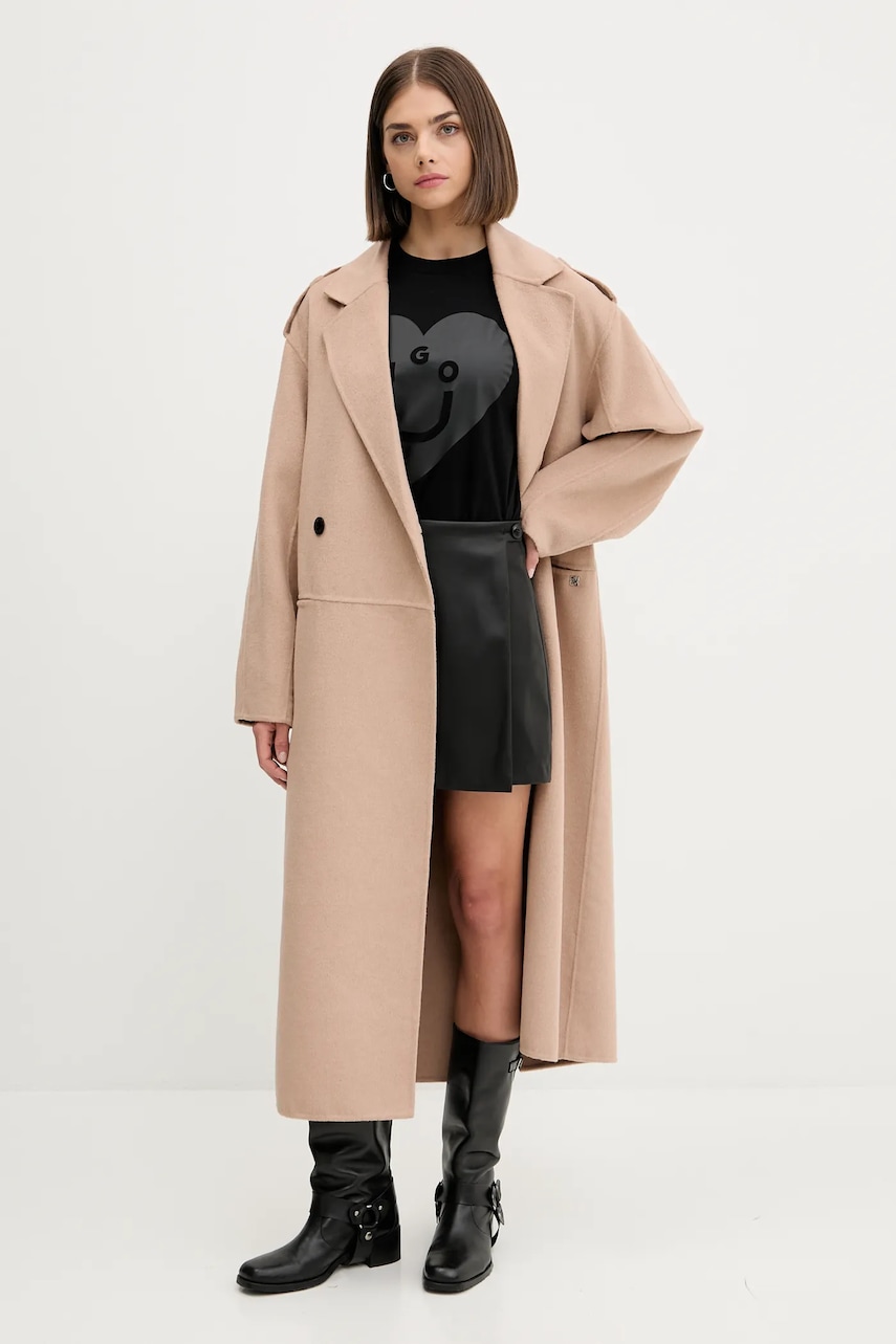 Παλτό από μείγμα μαλλιού HUGO χρώμα: μπεζ, 50542299