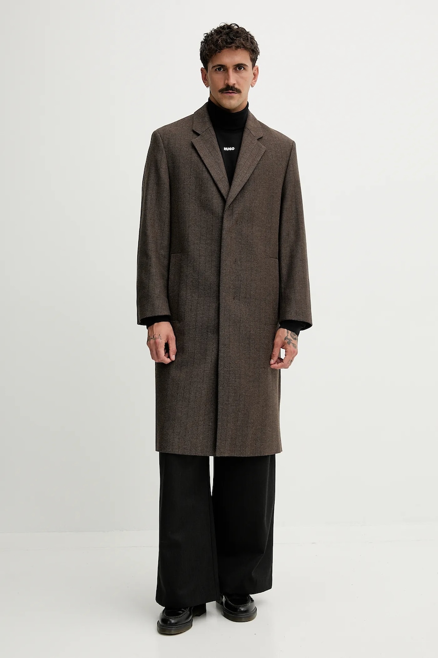 Παλτό από μείγμα μαλλιού HUGO ανδρικό, χρώμα: καφέ, 50542695