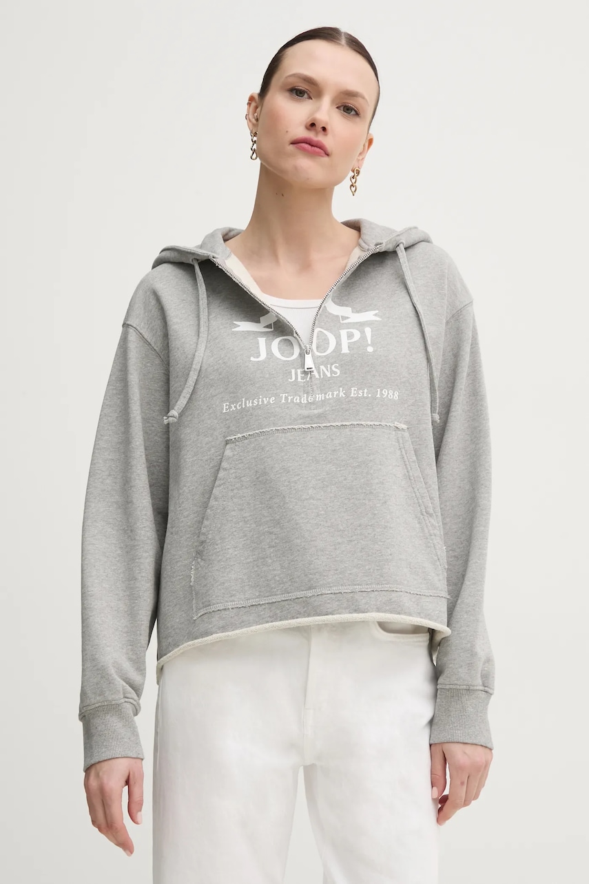 Βαμβακερή μπλούζα Joop! γυναικεία, χρώμα: γκρι, με κουκούλα, 30046271