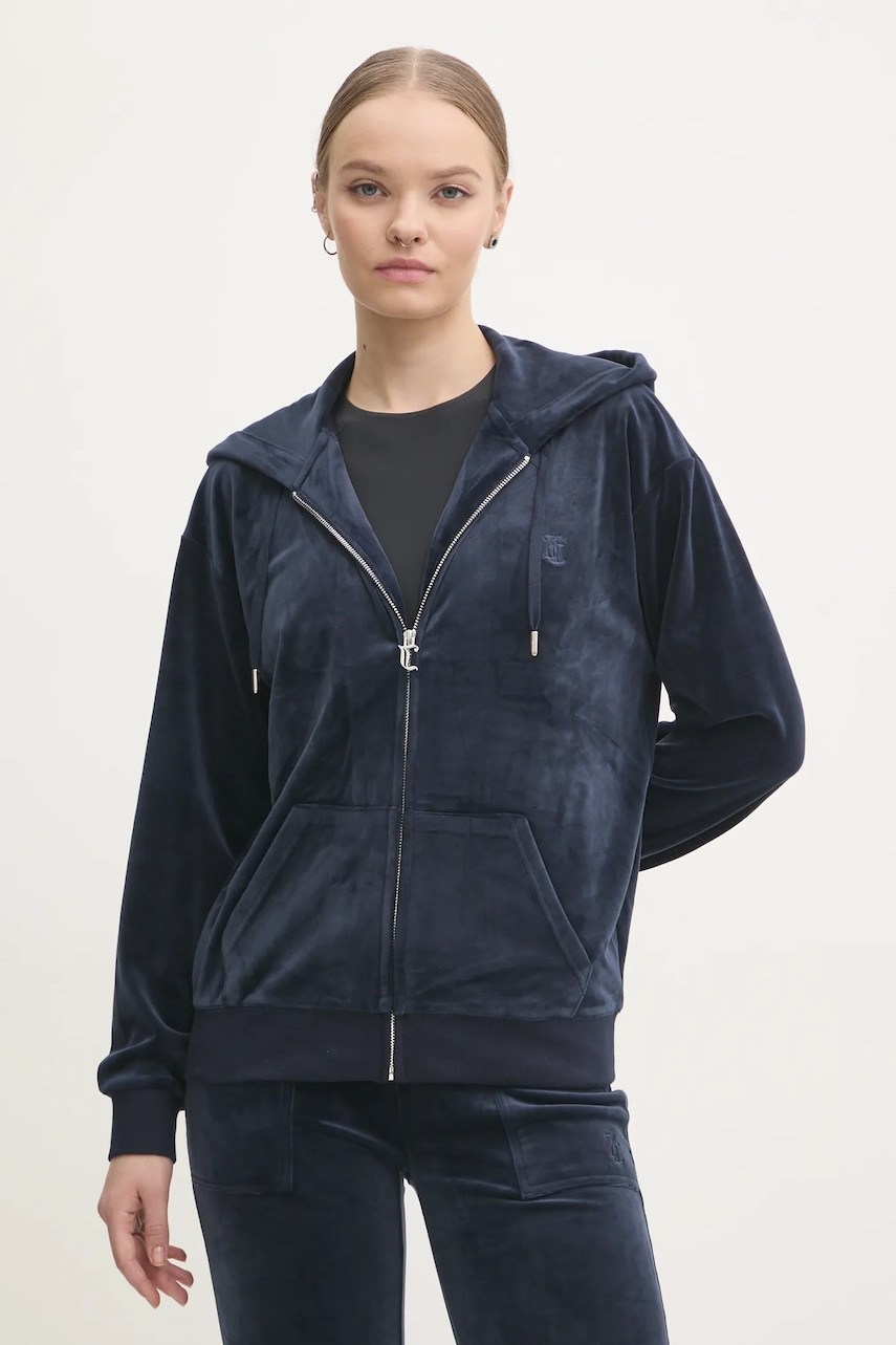 Βελούδινη μπλούζα Juicy Couture HALAN OVERSIZED HOODIE χρώμα: ναυτικό μπλε, με κουκούλα, JCWAS24342
