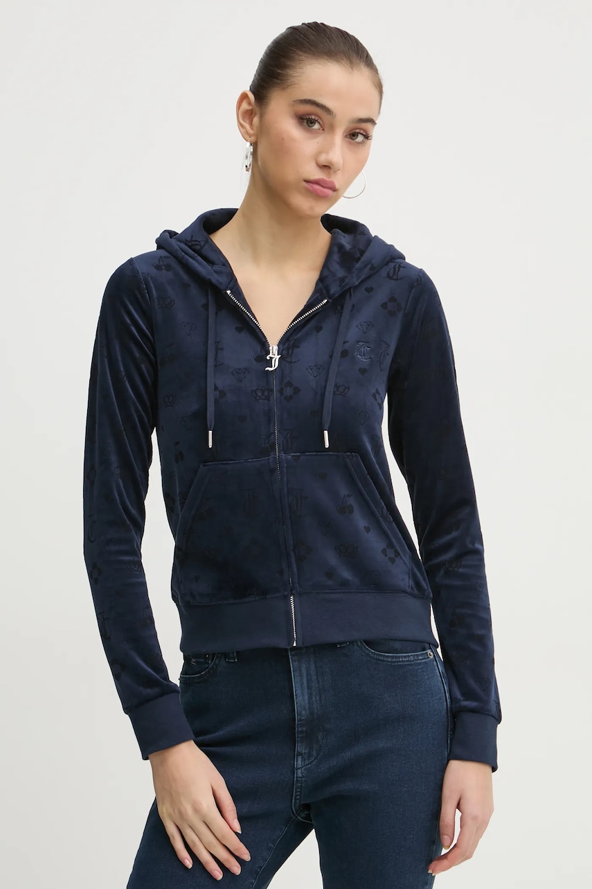 Βελούδινη μπλούζα Juicy Couture χρώμα: ναυτικό μπλε, με κουκούλα, JCWAS125302