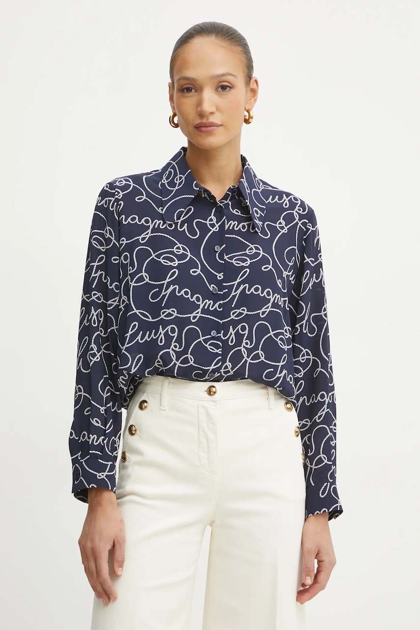 Μεταξωτό πουκάμισο Luisa Spagnoli χρώμα: ναυτικό μπλε, 541753