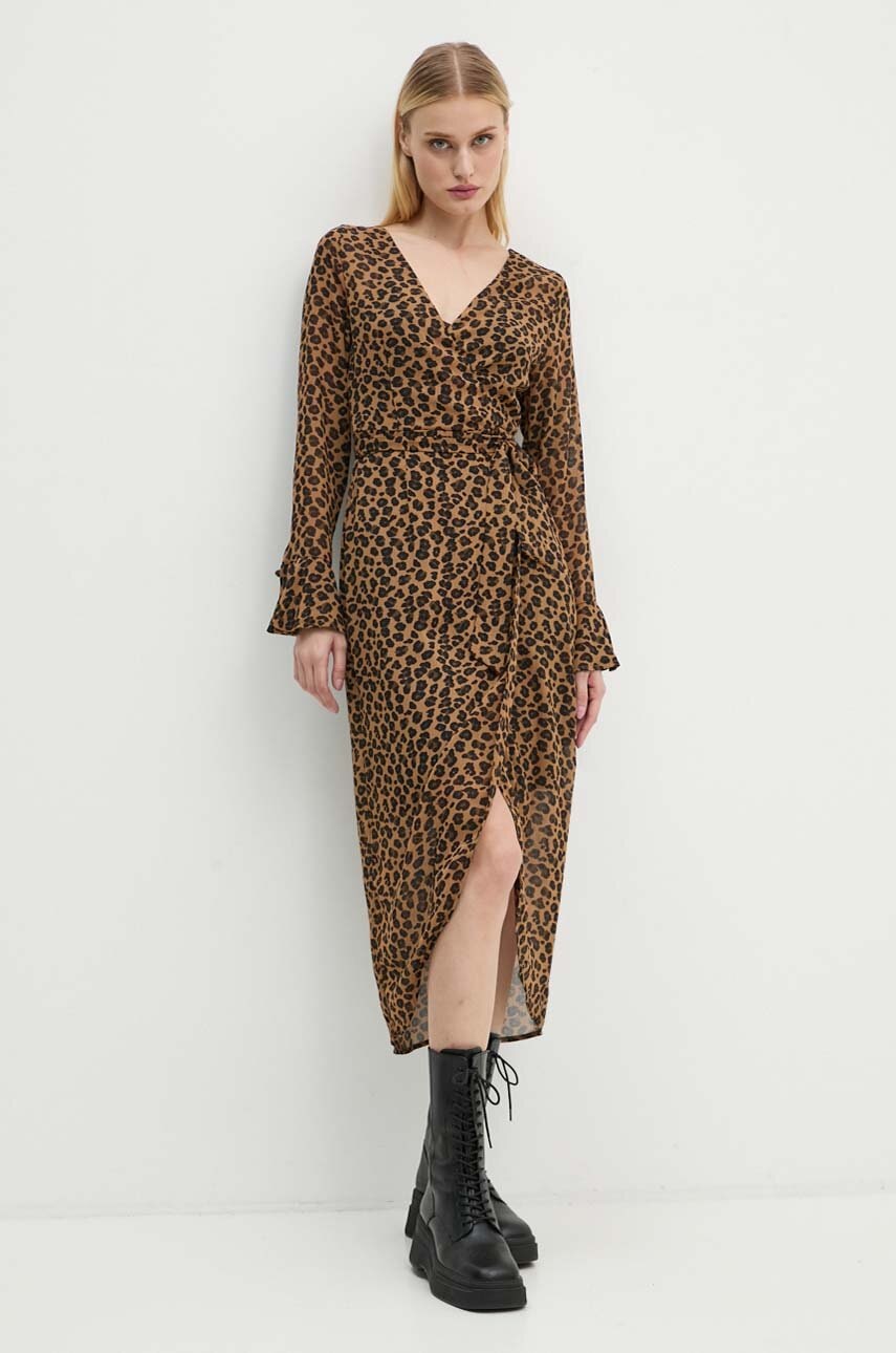 Φόρεμα Never Fully Dressed Leopard Sheer Wrap Dress χρώμα: καφέ, NL28459
