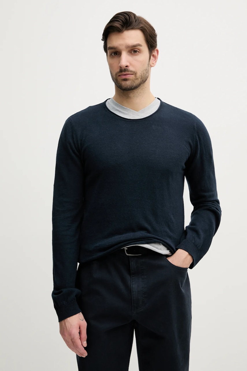 Πουλόβερ από λινό μείγμα Pepe Jeans LAYNE ανδρικό, χρώμα: ναυτικό μπλε, PM702519